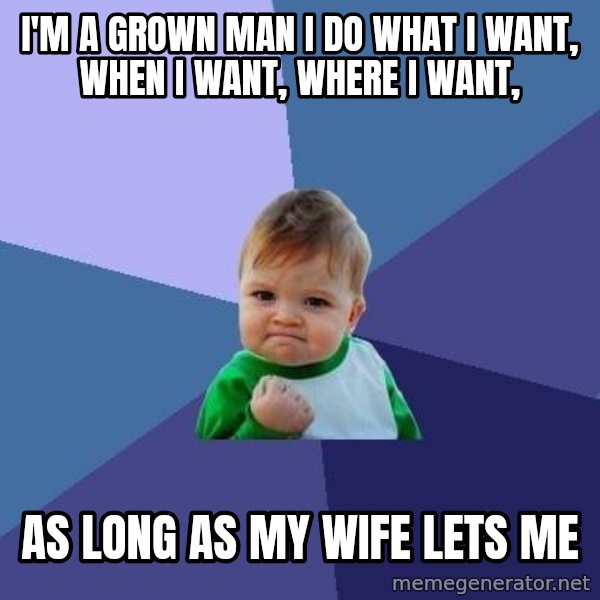Success Kid meme: I'm a Grown Man I do what I want, when I want, Where I want, / As long as my wife lets me