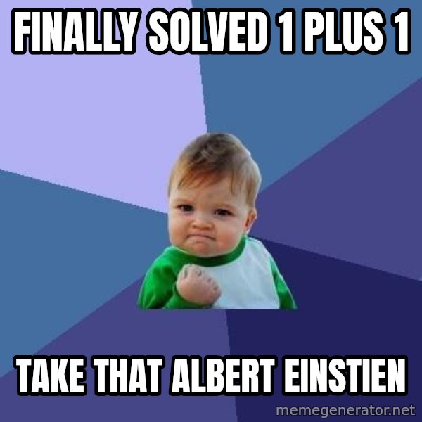 Success Kid meme: finally solved 1 plus 1 / take that albert einstien