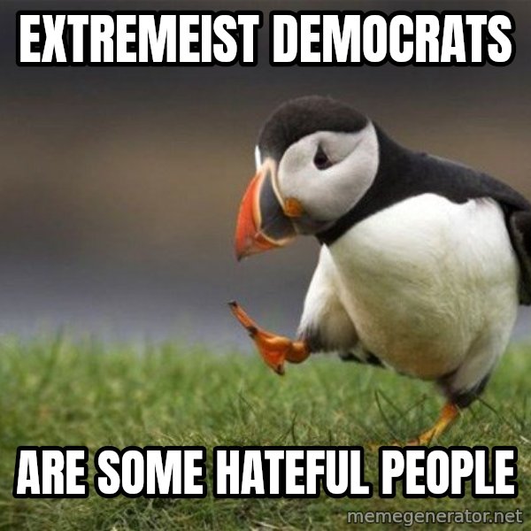Unpopular Opinion Puffin meme: Extremeist democrats / Are some hateful people