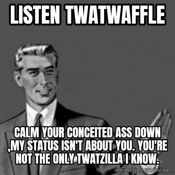 Correction Guy meme: Listen  twatwaffle / calm your conceited ass down ,my status ISN'T about you. You're not the only twatzilla i know.