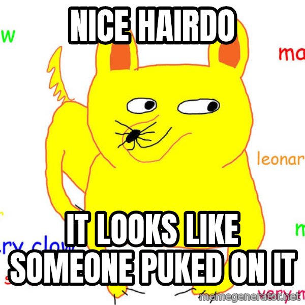 Grumpy Cat  meme: nice hairdo / it looks like someone puked on it