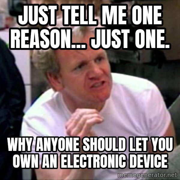 Gordon Ramsay meme: just tell me one reason... just one. / why anyone should let you own an electronic device