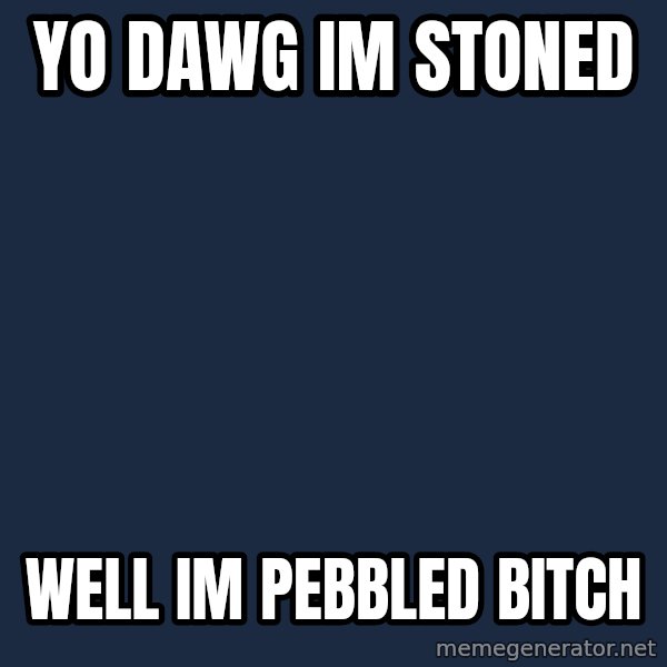 Yo Dawg meme: Yo dawg im stoned / well im pebbled bitch