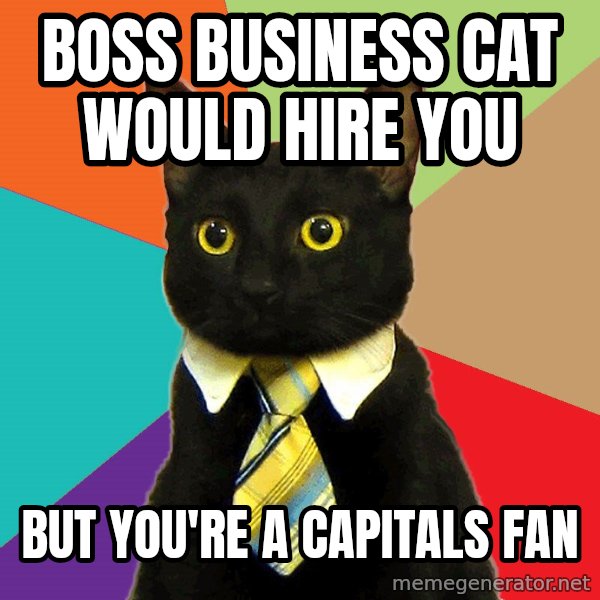 Business Cat meme: Boss Business cat would hire you / But you're a Capitals Fan