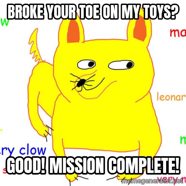 Grumpy Cat  meme: broke your toe on my toys? / good! mission complete!