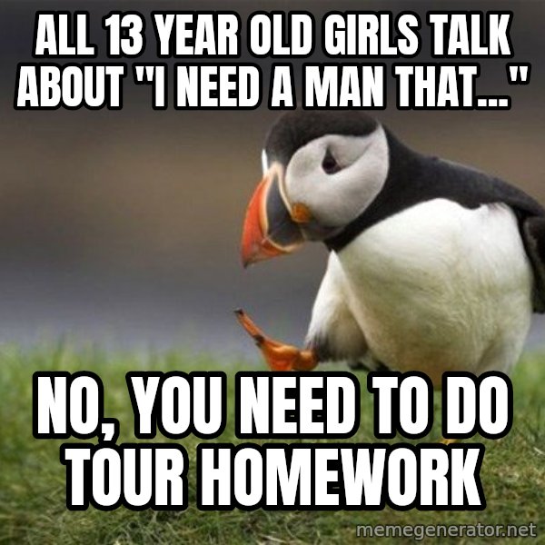 Unpopular Opinion Puffin meme: All 13 year old girls talk about "I need a man that..." / No, you need to do tour homework