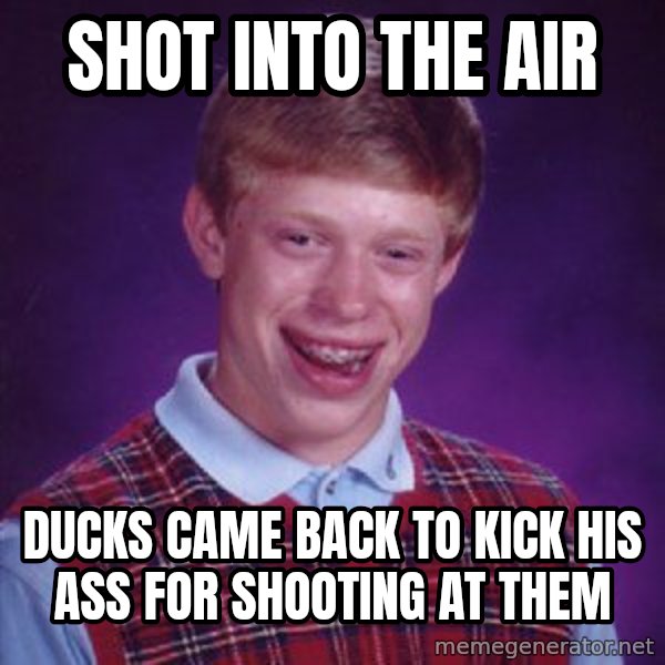 Bad Luck Brian meme: shot into the air / ducks came back to kick his ass for shooting at them