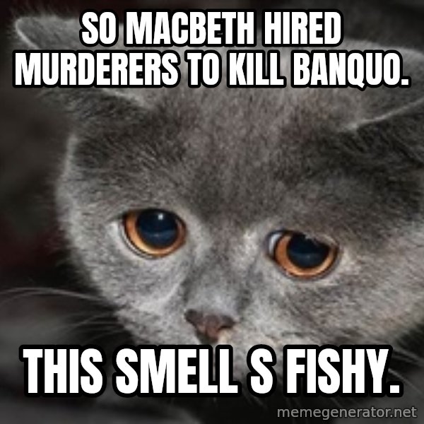 Sadcat meme: So Macbeth hired murderers to kill Banquo. / This smell s Fishy.
