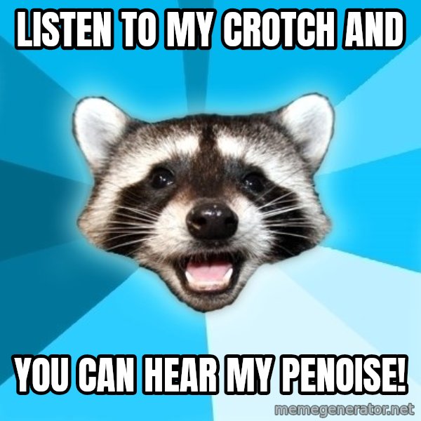 Lame Pun Coon meme: listen to my crotch and / you can hear my penoise!