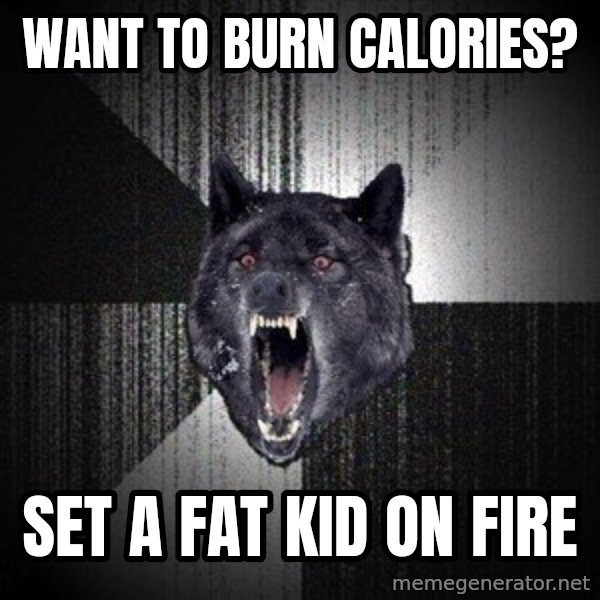 Insanity Wolf meme: want to burn calories? / set a fat kid on fire