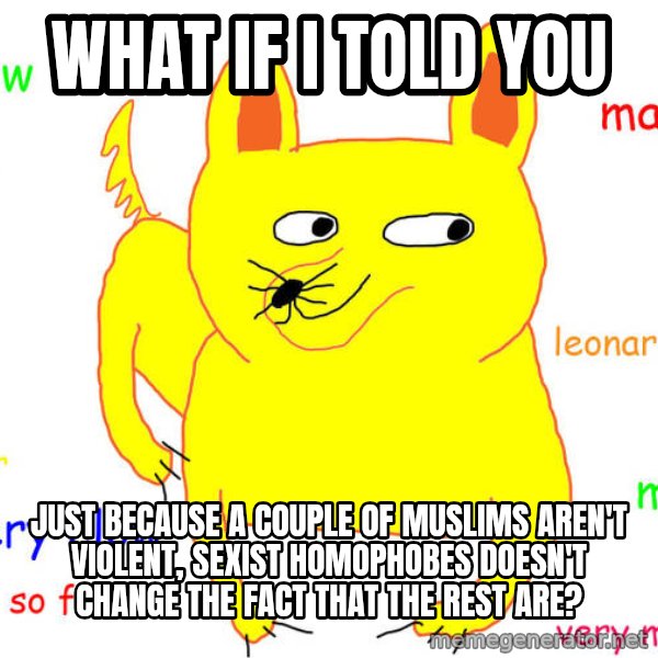 What If I Told You meme: what if i told you / just because a couple of muslims aren't violent, sexist homophobes doesn't change the fact that the rest are?