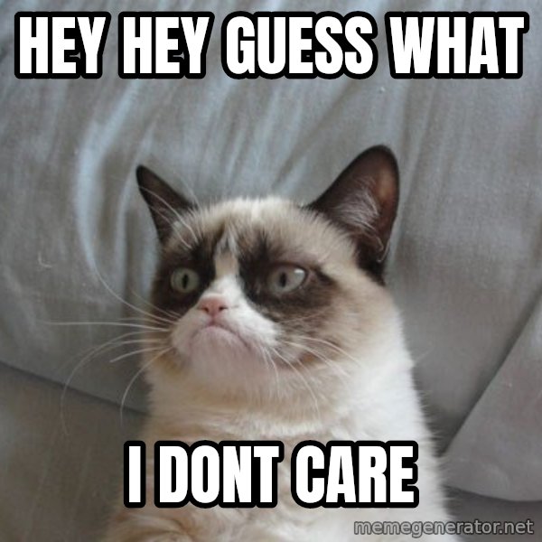 Grumpy cat good meme: Hey Hey Guess what / I dont care