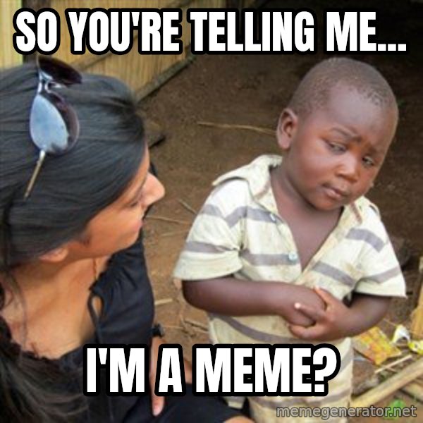 Skeptical 3rd World Kid meme: so you're telling me... / i'm a meme?