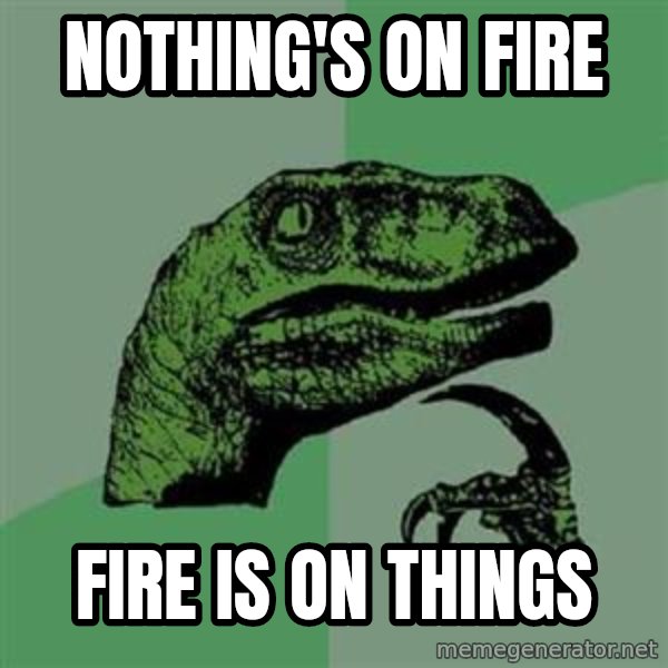 Philosoraptor meme: Nothing's on fire / fire is on things