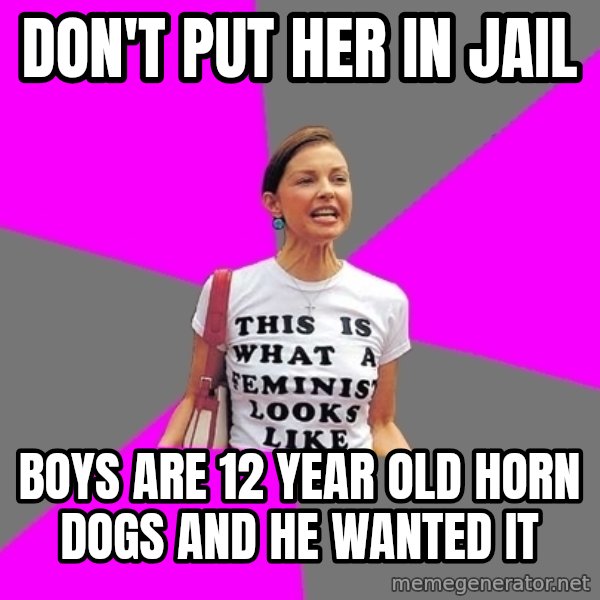 Feminist Cunt meme: Don't put her in jail / boys are 12 year old horn dogs and he wanted it