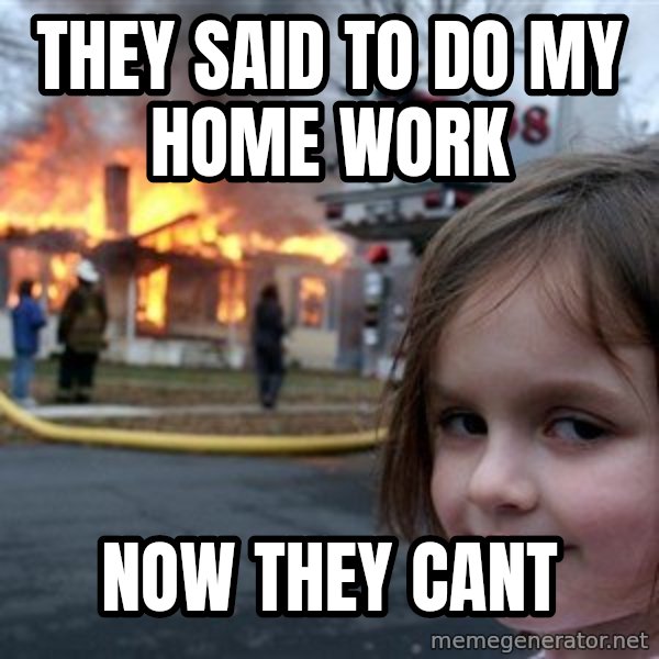 Disaster Girl meme: they said to do my home work / now they cant