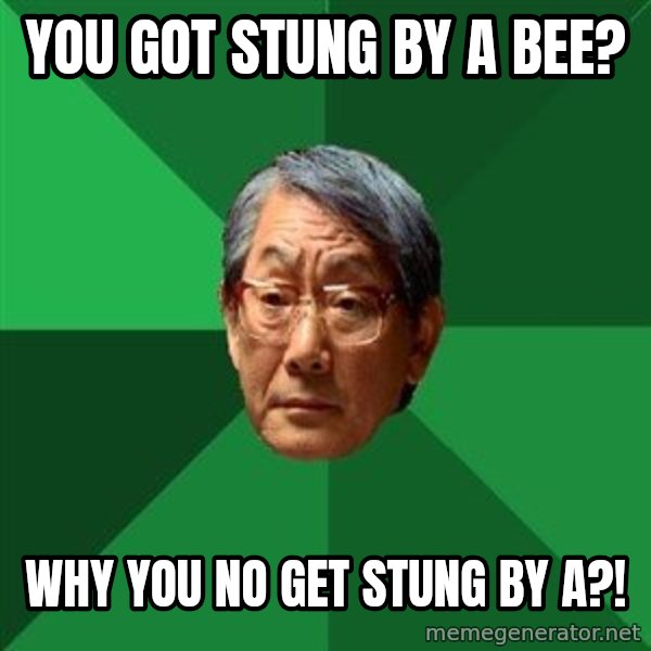 High Expectations Asian Father meme: You got stung by a bee? / why you no get stung by a?!