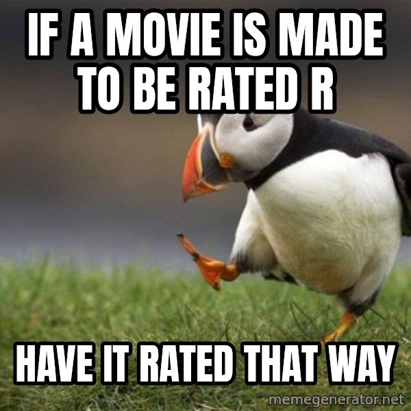 Unpopular Opinion Puffin meme: if a movie is made to be rated r / have it rated that way