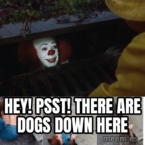 Pennywise in sewer meme: Hey! psst! there are dogs down here