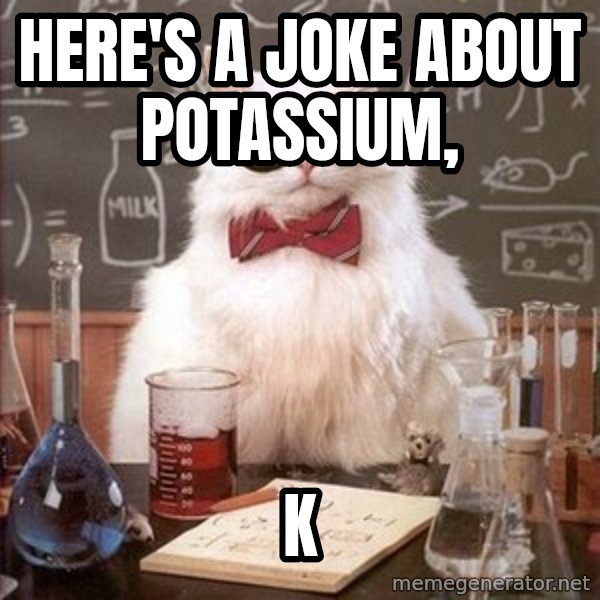 Chemistry Cat meme: Here's a joke about Potassium, / K