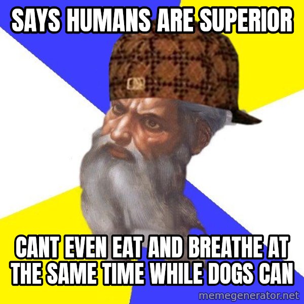 Scumbag God meme: says humans are superior / cant even eat and breathe at the same time while dogs can