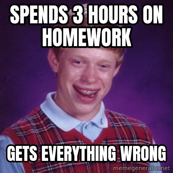 Bad Luck Brian meme: SpendS 3 hours on homework / Gets everything wronG