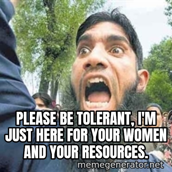 Angry Muslim Guy meme: Please be tolerant, I'm just here for your women and your resources.