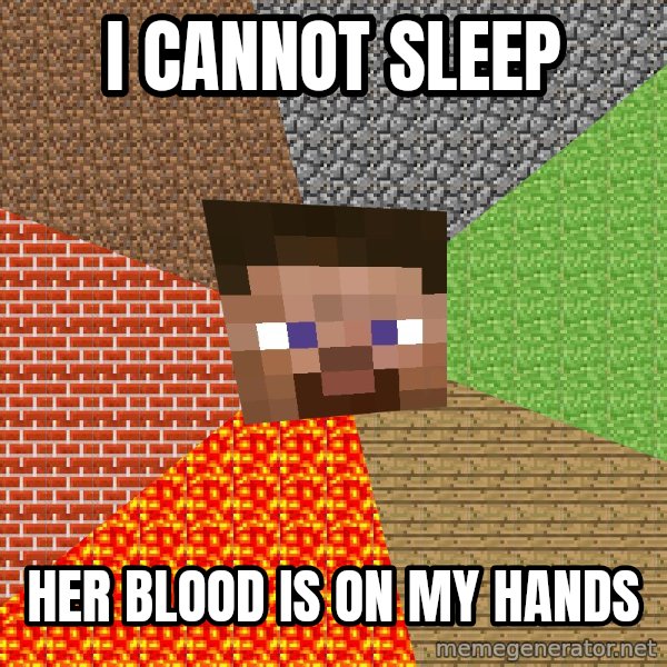 Minecraft Guy meme: I cannot sleep / her blood is on my hands