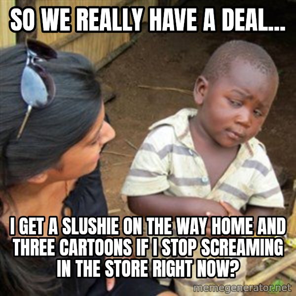 Skeptical 3rd World Kid meme: So we really have a deal... / I get a slushie on the way home and three cartoons if I stop screaming in the store right now?