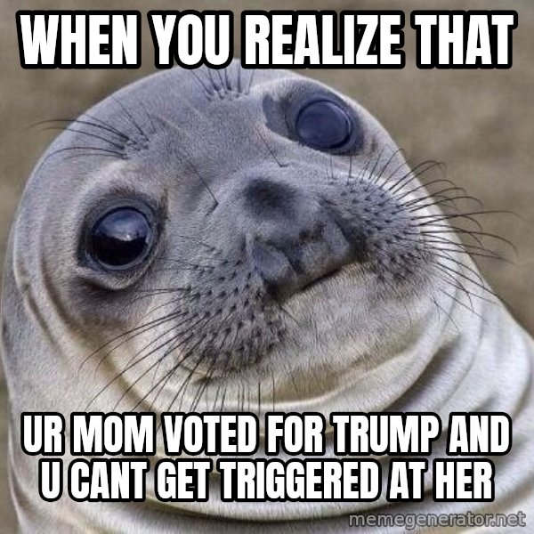 Awkward Seal meme: when you realize that / ur mom voted for trump and u cant get triggered at her
