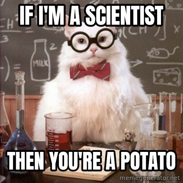 Chemistry Cat meme: If i'm a scientist / Then you're a potato