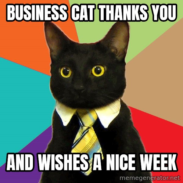 Business Cat meme: BUSINESS CAT THANKS YOU / AND WISHES a NICE WEEK