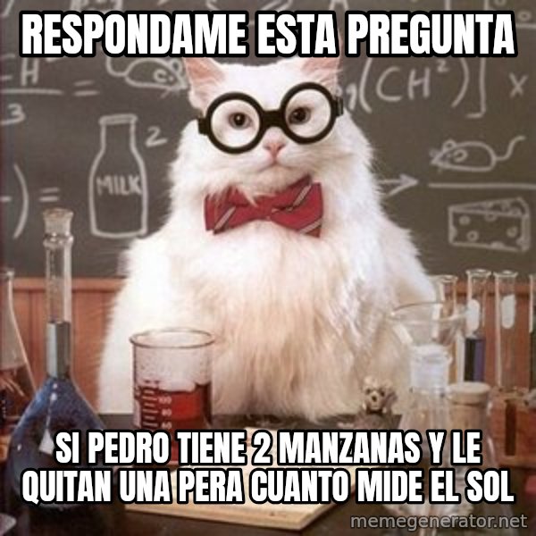 Chemistry Cat meme: respondame esta pregunta / si pedro tiene 2 manzanas y le quitan una pera cuanto mide el sol