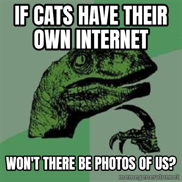 Philosoraptor meme: if cats have their own internet / won't there be photos of us?