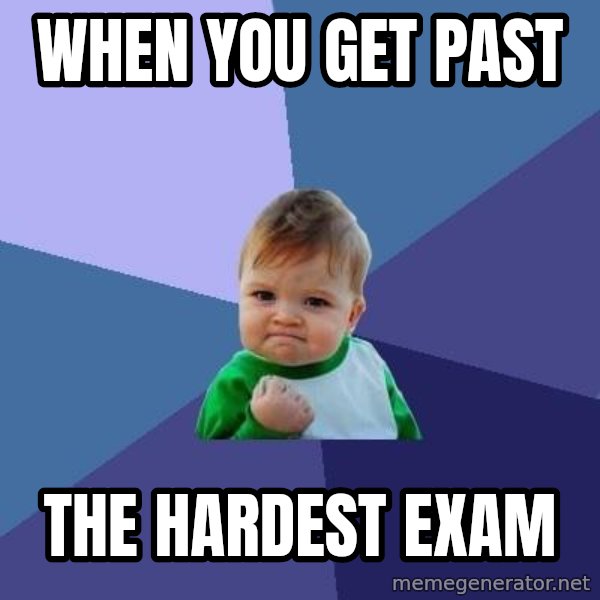 Success Kid meme: when you get past / the hardest exam