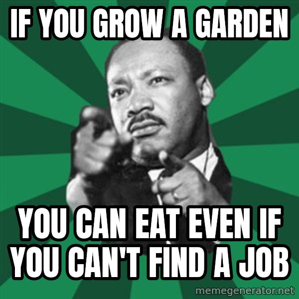Martin Luther King jr.  meme: if you grow a garden / you can eat even if you can't find a job