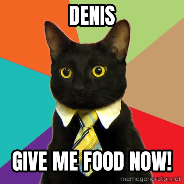 Business Cat meme: DENIS / GIVE ME FOOD NOW!