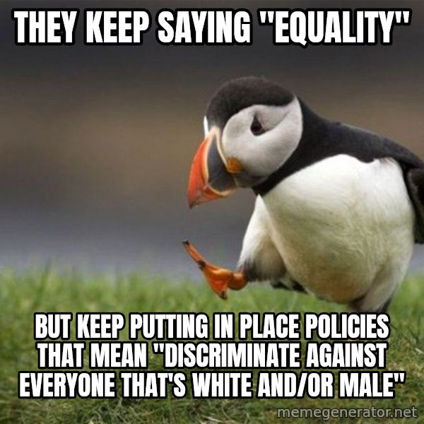 Unpopular Opinion Puffin meme: They keep saying "Equality" / but keep putting in place policies that mean "Discriminate against everyone that's white and/or male"