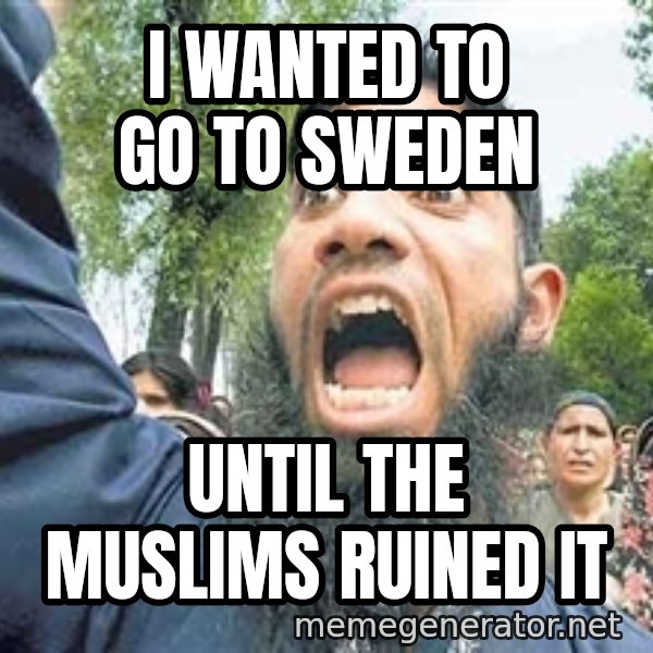 Angry Muslim Guy meme: i wanted to go to sweden / until the muslims ruined it