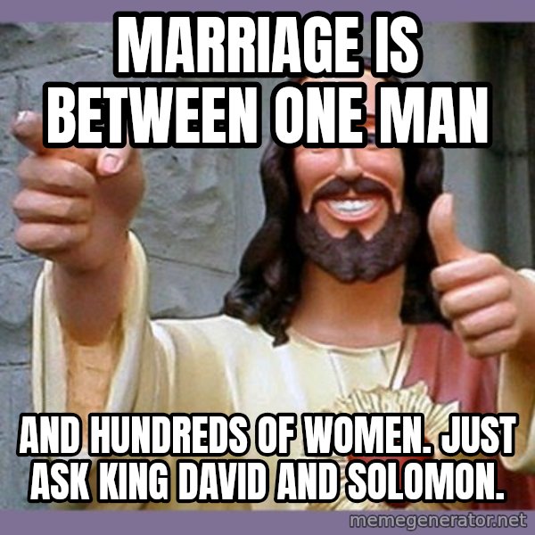 buddy jesus meme: marriage is between one man / and hundreds  of  women.  Just ask  king  david  and  solomon.
