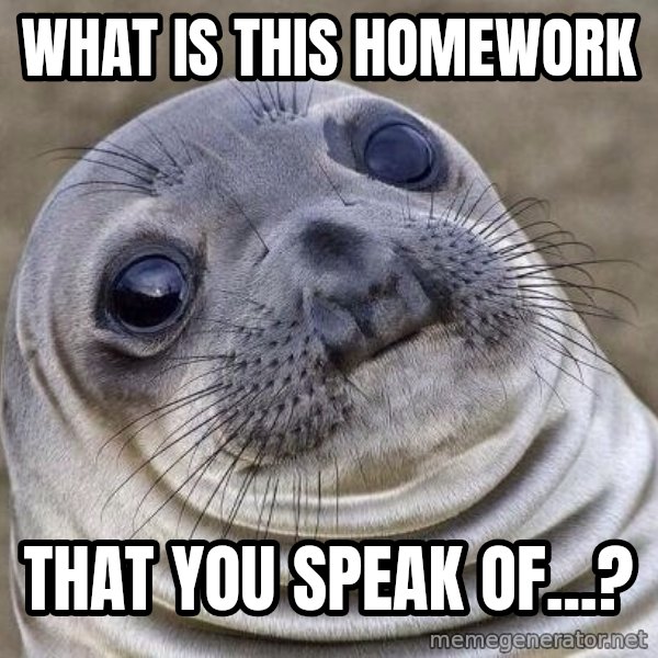Awkward Seal meme: What is this homework / that you speak of...?