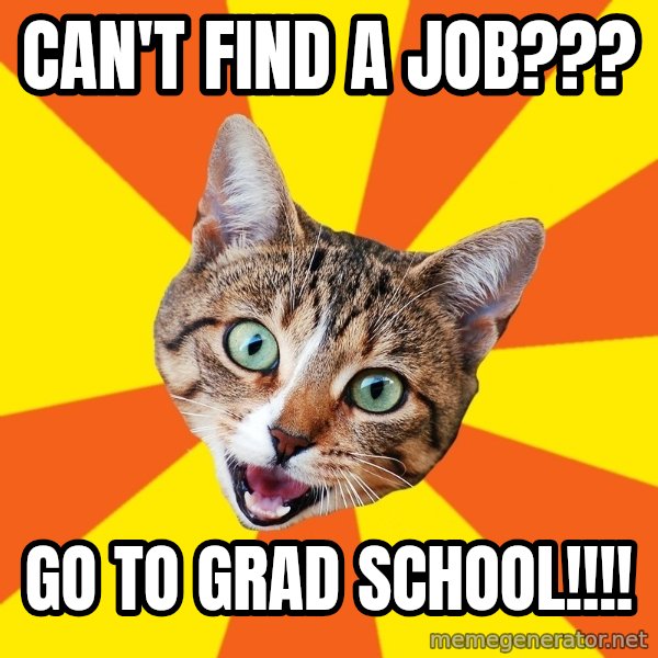 Bad Advice Cat meme: Can't Find a Job??? / Go to Grad School!!!!