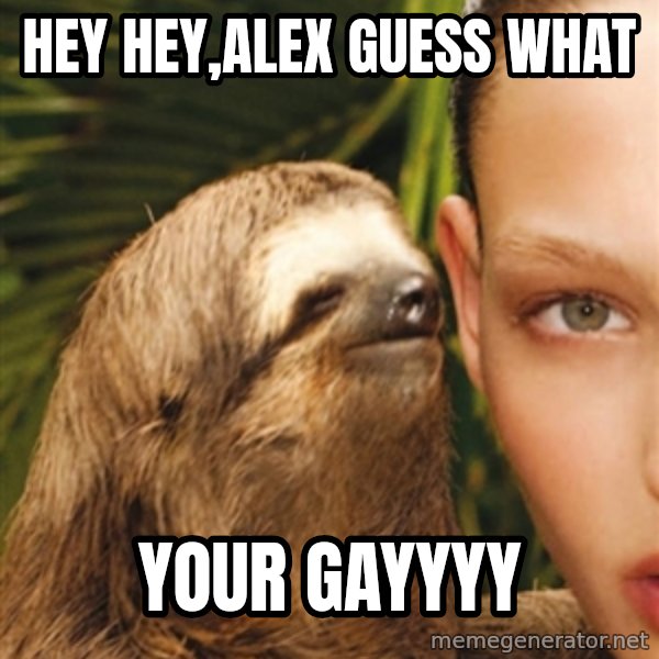 The Rape Sloth meme: hey hey,alex guess what / your gayyyy
