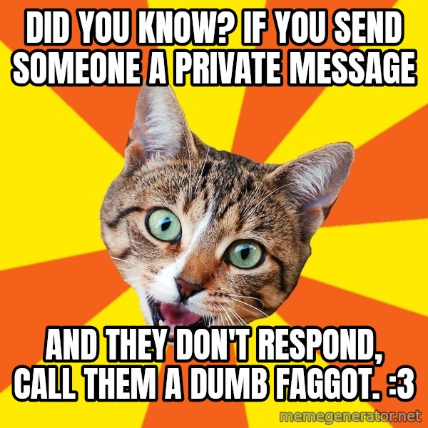 Bad Advice Cat meme: Did you know? If you send someone a private message / and they don't respond, call them a dumb faggot. :3