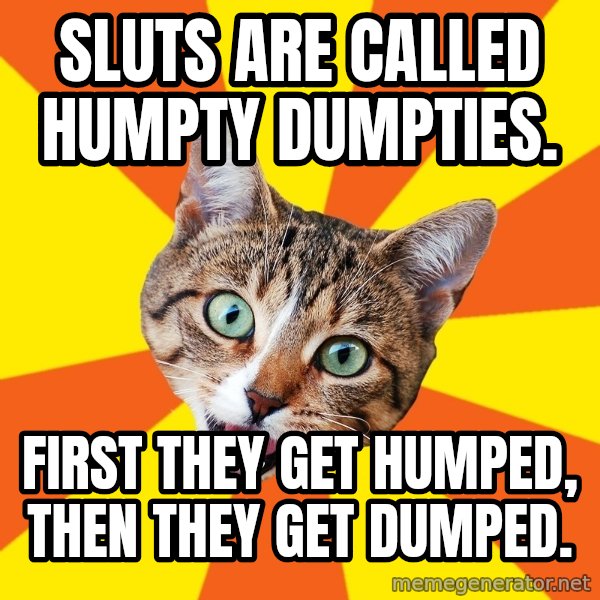 Bad Advice Cat meme: Sluts are called Humpty Dumpties. / First they get humped, then they get dumped.