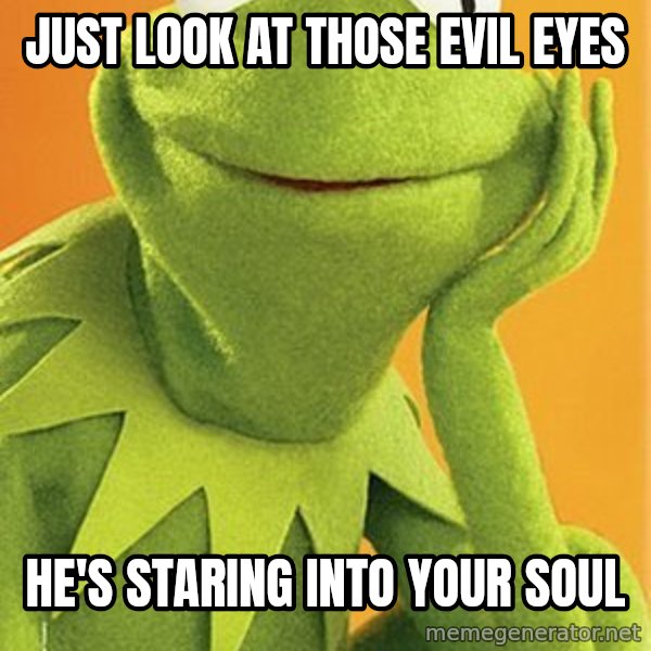 Kermit the frog meme: Just look at those evil eyes / He's staring into your soul