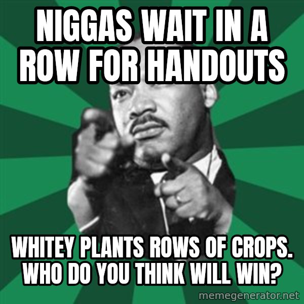 Martin Luther King jr.  meme: niggas wait in a row for handouts / whitey plants rows of crops.   who do you think will win?