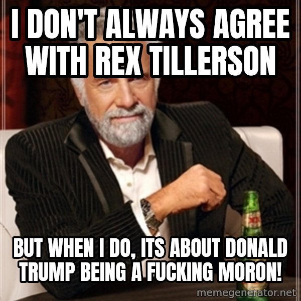 Dos Equis Guy gives advice meme: I don't always agree with Rex Tillerson / But when I Do, Its about Donald Trump being a fucking MORON!