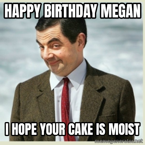 MR bean meme: hAPPY BIRTHDAY MEGAN / I HOPE YOUR CAKE IS MOIST