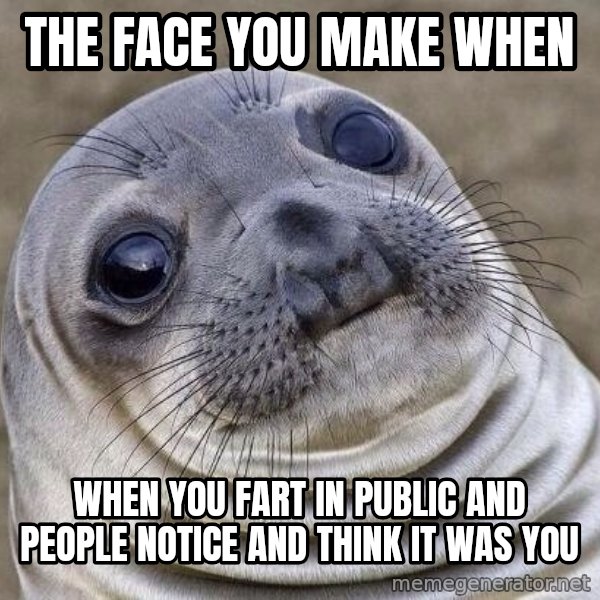 Awkward Seal meme: The face you make when / When you fart in publiC and people notice and think it was you